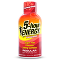A bottle of 5-hour Energy Regular Strength pomegranate flavor, featuring a red, orange, and yellow label with bold black and white text.