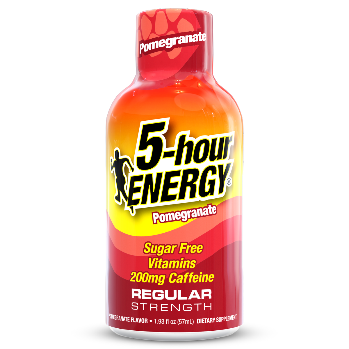 A bottle of 5-hour Energy Regular Strength pomegranate flavor, featuring a red, orange, and yellow label with bold black and white text.