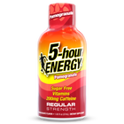A bottle of 5-hour Energy Regular Strength pomegranate flavor, featuring a red, orange, and yellow label with bold black and white text.