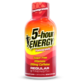 A bottle of 5-hour Energy Regular Strength pomegranate flavor, featuring a red, orange, and yellow label with bold black and white text.