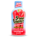 A bottle of Tasty Caffeine 5-hour Energy Strawberry Licorice flavor featuring a blue and red label with illustrations of red licorice and strawberries, on a white background.