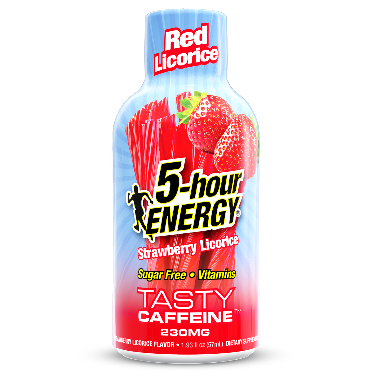 A bottle of Tasty Caffeine 5-hour Energy Strawberry Licorice flavor featuring a blue and red label with illustrations of red licorice and strawberries, on a white background.