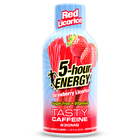 A bottle of Tasty Caffeine 5-hour Energy Strawberry Licorice flavor featuring a blue and red label with illustrations of red licorice and strawberries, on a white background.