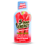 A bottle of Tasty Caffeine 5-hour Energy Strawberry Licorice flavor featuring a blue and red label with illustrations of red licorice and strawberries, on a white background.