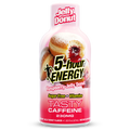A bottle of Jelly Donut 5-hour Energy Raspberry Jelly Donut flavor, featuring a pink and red label with an illustration of a jelly-filled donut, on a white background.
