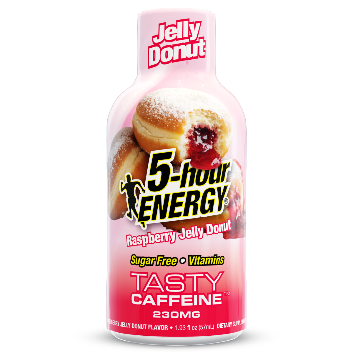 A bottle of Jelly Donut 5-hour Energy Raspberry Jelly Donut flavor, featuring a pink and red label with an illustration of a jelly-filled donut, on a white background.