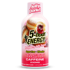 A bottle of Jelly Donut 5-hour Energy Raspberry Jelly Donut flavor, featuring a pink and red label with an illustration of a jelly-filled donut, on a white background.