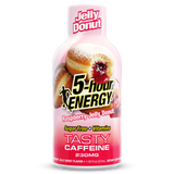 A bottle of Jelly Donut 5-hour Energy Raspberry Jelly Donut flavor, featuring a pink and red label with an illustration of a jelly-filled donut, on a white background.