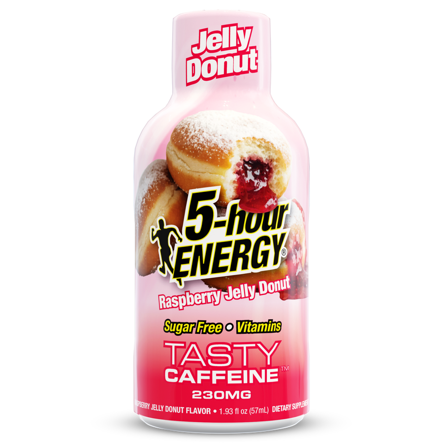 A bottle of Jelly Donut 5-hour Energy Raspberry Jelly Donut flavor, featuring a pink and red label with an illustration of a jelly-filled donut, on a white background.