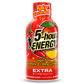 A bottle of 5-hour Energy Extra Strength Spicy Mango flavor, featuring a bright red label with chili peppers, a mango slice, and bold black and yellow text, isolated on a white background.