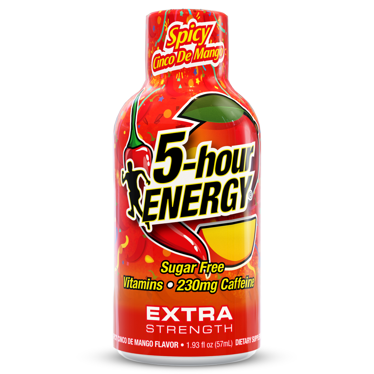A bottle of 5-hour Energy Extra Strength Spicy Mango flavor, featuring a bright red label with chili peppers, a mango slice, and bold black and yellow text, isolated on a white background.