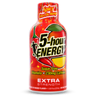 A bottle of 5-hour Energy Extra Strength Spicy Mango flavor, featuring a bright red label with chili peppers, a mango slice, and bold black and yellow text, isolated on a white background.