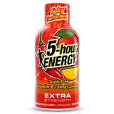 A bottle of 5-hour Energy Extra Strength Spicy Mango flavor, featuring a bright red label with chili peppers, a mango slice, and bold black and yellow text, isolated on a white background.