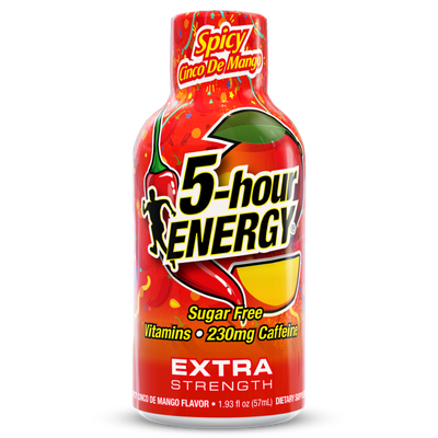 A bottle of 5-hour Energy Extra Strength Spicy Mango flavor, featuring a bright red label with chili peppers, a mango slice, and bold black and yellow text, isolated on a white background.