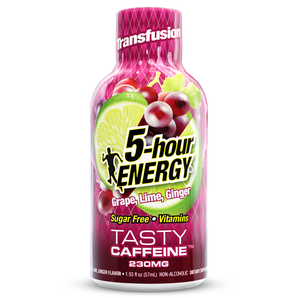 A bottle of Transfusion 5-hour Energy drink in Grape, Lime, and Ginger flavor, 230mg caffeine. The bottle is pink with a graphic of a lime slice and grapes on the label, set against a plain white background.