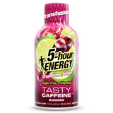 A bottle of Transfusion 5-hour Energy drink in Grape, Lime, and Ginger flavor, 230mg caffeine. The bottle is pink with a graphic of a lime slice and grapes on the label, set against a plain white background.
