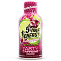A bottle of Transfusion 5-hour Energy Tasty Caffeine in Grape, Lime, and Ginger flavor, featuring a vibrant pink and purple label with illustrations of grapes, lime, and ginger.