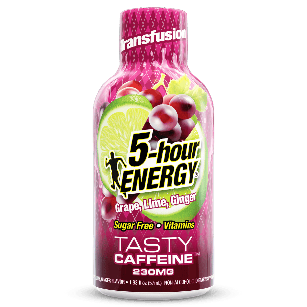 A bottle of Transfusion 5-hour Energy Tasty Caffeine in Grape, Lime, and Ginger flavor, featuring a vibrant pink and purple label with illustrations of grapes, lime, and ginger.