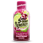 A bottle of Transfusion 5-hour Energy Tasty Caffeine in Grape, Lime, and Ginger flavor, featuring a vibrant pink and purple label with illustrations of grapes, lime, and ginger.