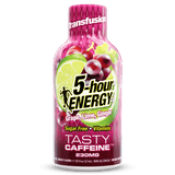 A bottle of Transfusion 5-hour Energy Tasty Caffeine in Grape, Lime, and Ginger flavor, featuring a vibrant pink and purple label with illustrations of grapes, lime, and ginger.