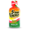 A bottle of 5-hour Energy Regular Strength in Watermelon flavor, featuring a vibrant red, orange, yellow, pink, and green label with bold black and white text.