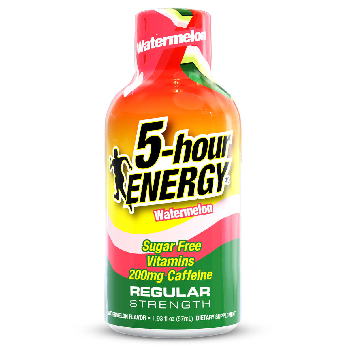 A bottle of 5-hour Energy Regular Strength in Watermelon flavor, featuring a vibrant red, orange, yellow, pink, and green label with bold black and white text.