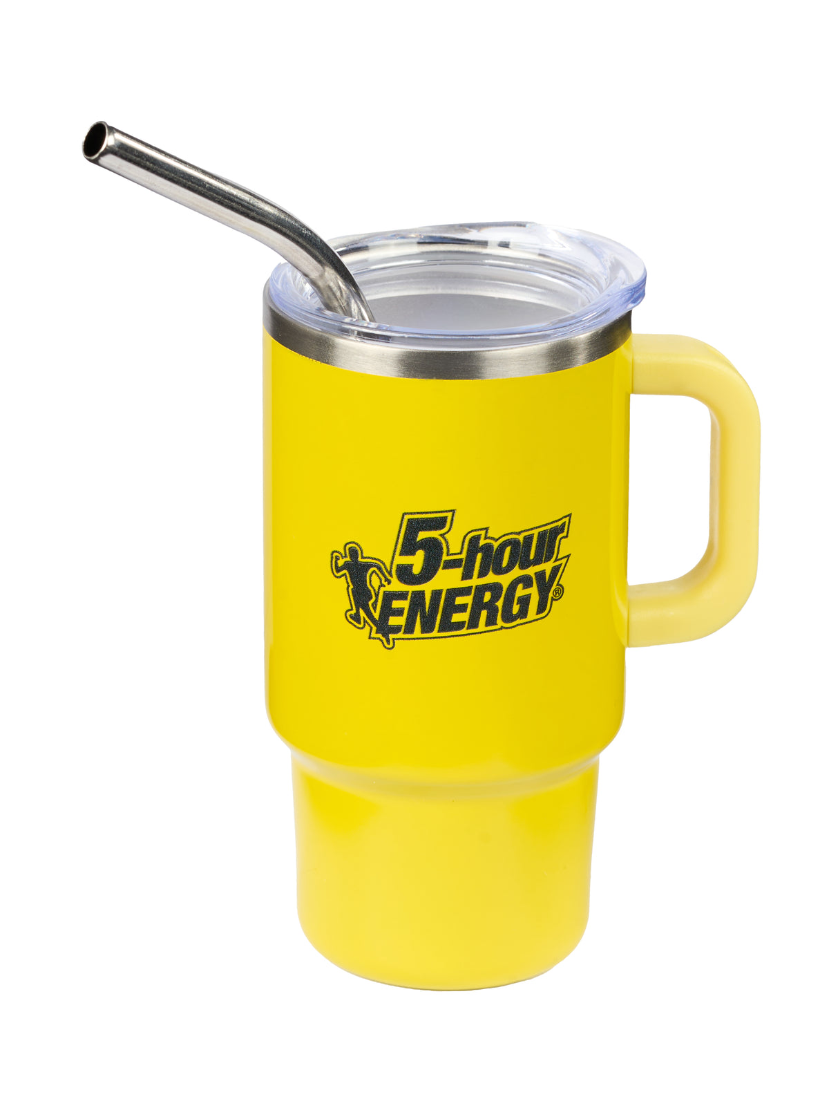 Yellow mug with handle and straw featuring 5-hour ENERGY logo on a white background