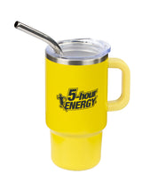 Yellow mug with handle and straw featuring 5-hour ENERGY logo on a white background
