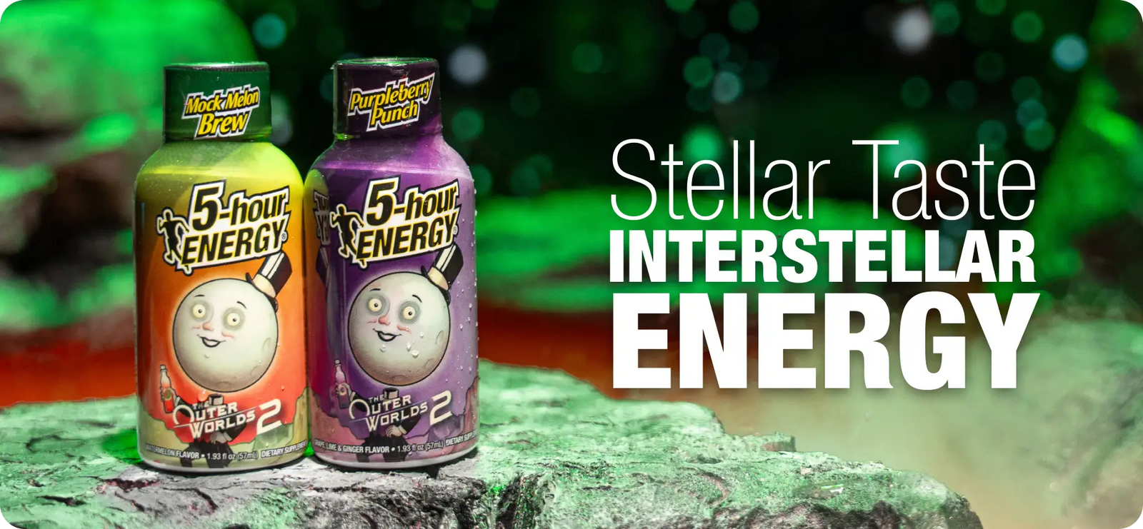 Two bottles of 5-hour Energy drinks with a 'Stellar Taste Interstellar Energy' text on a green background.