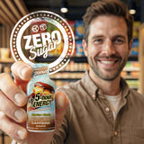Man holding a 5-Hour Energy Boston Cream Donut flavor bottle with 'Zero Sugar' label.