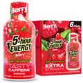 A bottle and box of 5-hour Energy Berry Extra Strength featuring red raspberry illustrations and bold white and black text on a white background.