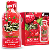 A bottle and box of 5-hour Energy Berry Extra Strength featuring red raspberry illustrations and bold white and black text on a white background.