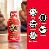 5-hour ENERGY Berry bottle with nutritional information on a red background