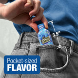 5-hour ENERGY Blue Raspberry shot being placed in a pocket with text indicating pocket-sized size.