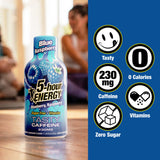 5-hour ENERGY Blue Raspberry bottle with product features on a blue background