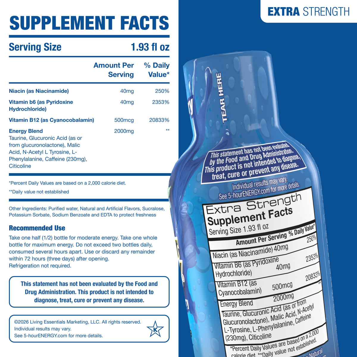 24 Pack 5-hour ENERGY Extra Strength Shots, Blue Raspberry Flavor Flavor, 1.93 Fl Oz