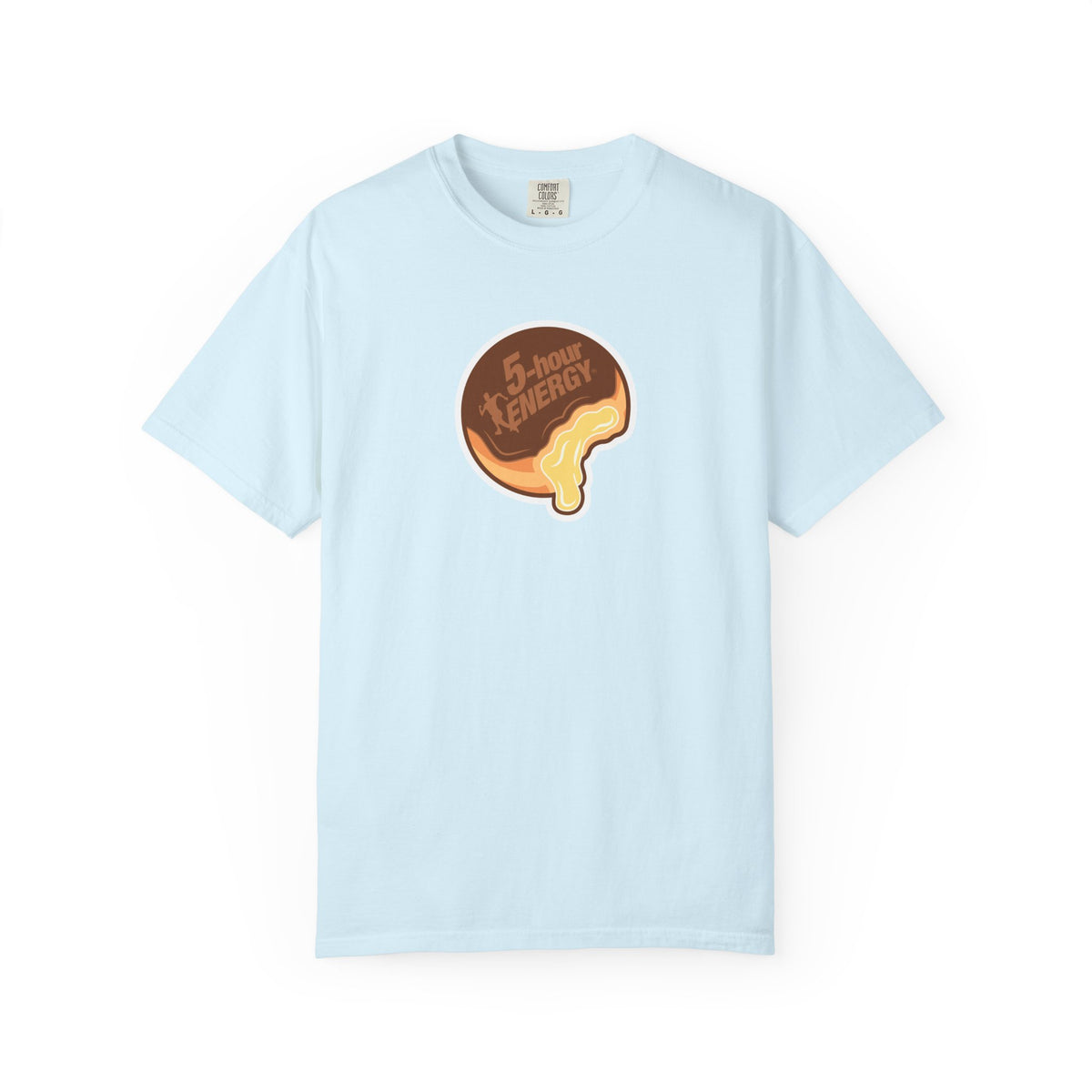 A light blue short-sleeve crewneck t-shirt featuring a cartoon graphic of a 5-hour ENERGY logo on a donut with a bite taken out of it, filled with yellow cream and topped with a brown chocolate drizzle. 