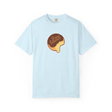 A light blue short-sleeve crewneck t-shirt featuring a cartoon graphic of a 5-hour ENERGY logo on a donut with a bite taken out of it, filled with yellow cream and topped with a brown chocolate drizzle. 