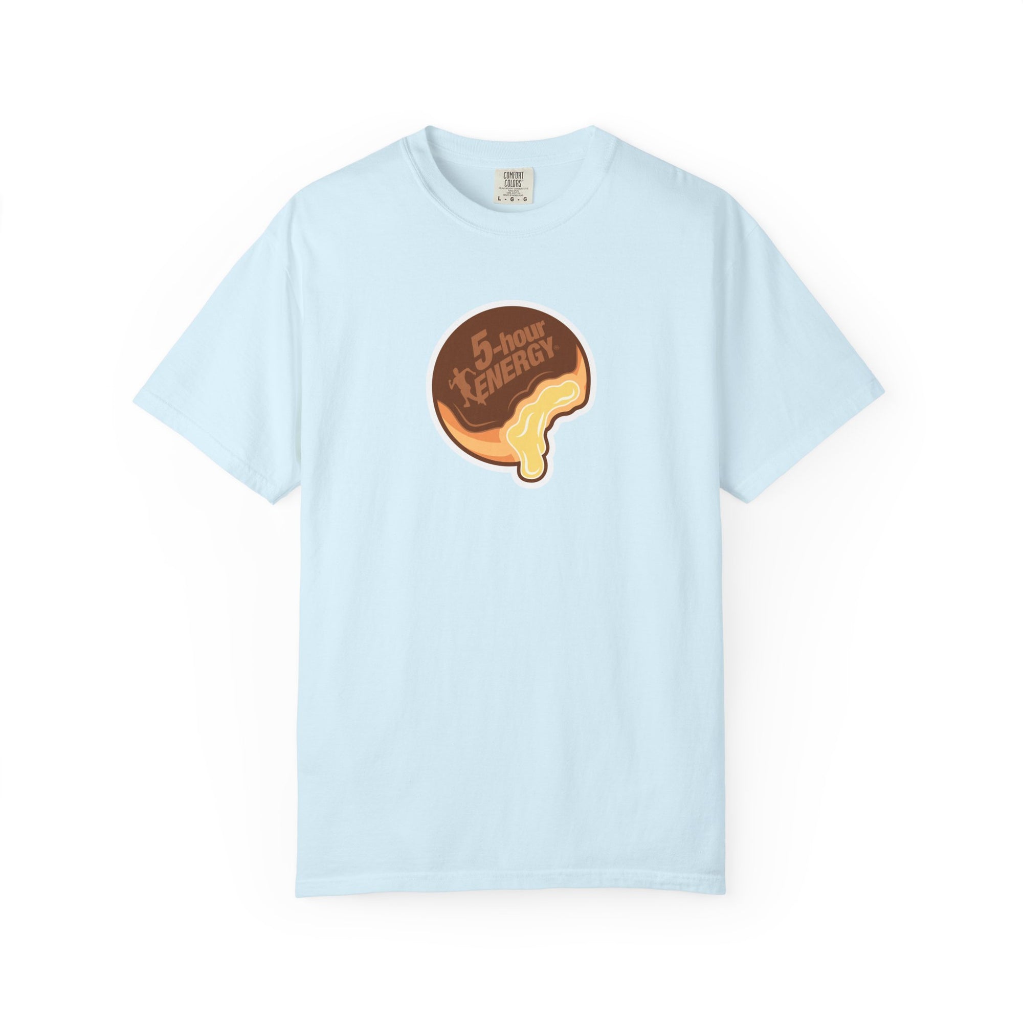 A light blue short-sleeve crewneck t-shirt featuring a cartoon graphic of a 5-hour ENERGY logo on a donut with a bite taken out of it, filled with yellow cream and topped with a brown chocolate drizzle. 