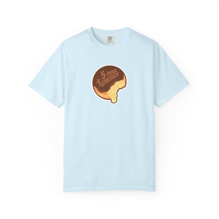 A light blue short-sleeve crewneck t-shirt featuring a cartoon graphic of a 5-hour ENERGY logo on a donut with a bite taken out of it, filled with yellow cream and topped with a brown chocolate drizzle. 