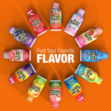 Twelve bottles of 5 Hour Energy drink arranged in a circle on a bright orange background, with the text 'Find Your Favorite FLAVOR'
