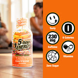 5-hour ENERGY Birthday Cake bottle with product details on an orange background