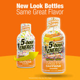 Two 5-hour Energy Birthday Cake caffeine drink bottles on an orange background with the headline 'New Look Bottles Same Great Flavor.'