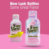 Two bottles of 5-hour Energy Cotton Candy energy drink on a pink background, with text reading 'New Look Bottles Same Great Flavor' and a yellow arrow pointing from the older bottle to the new bottle.