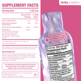 Pink supplement facts label for Living Brands Extra Strength Niacin supplement, showing serving size 1.93 fl oz and a purple bottle with a white supplement facts label.