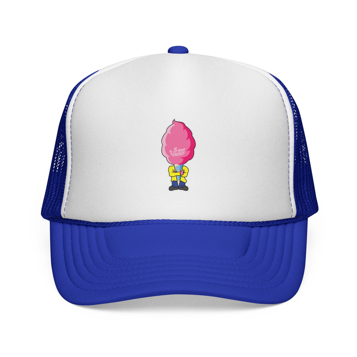 White and blue cap with a pink cotton candy design on a white background