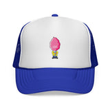 White and blue cap with a pink cotton candy design on a white background