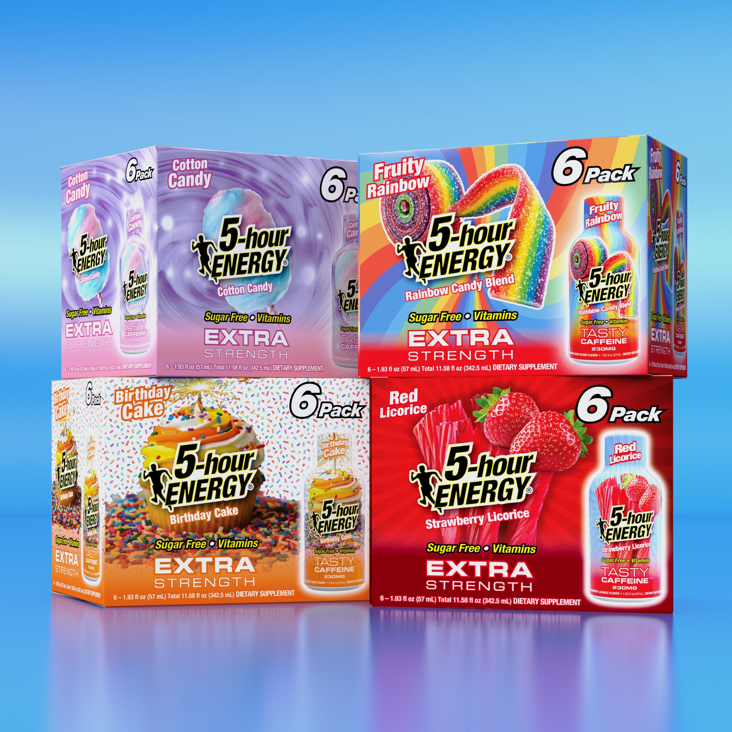 Popular 6-pack flavors used in bundles such as Cotton Candy, Fruity Rainbow, Birthday Cake, Red Licorice.