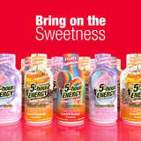A lineup of 5-hour Energy drink bottles with colorful candy-themed labels on a bright red background with the text 'Bring on the Sweetness' in white. Visible bottle flavors include Cotton Candy, Birthday Cake, and Fruity Rainbow.