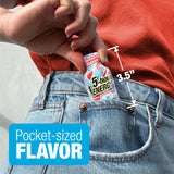Small energy drink package being placed into a pocket with text indicating 'Pocket-sized flavor'.